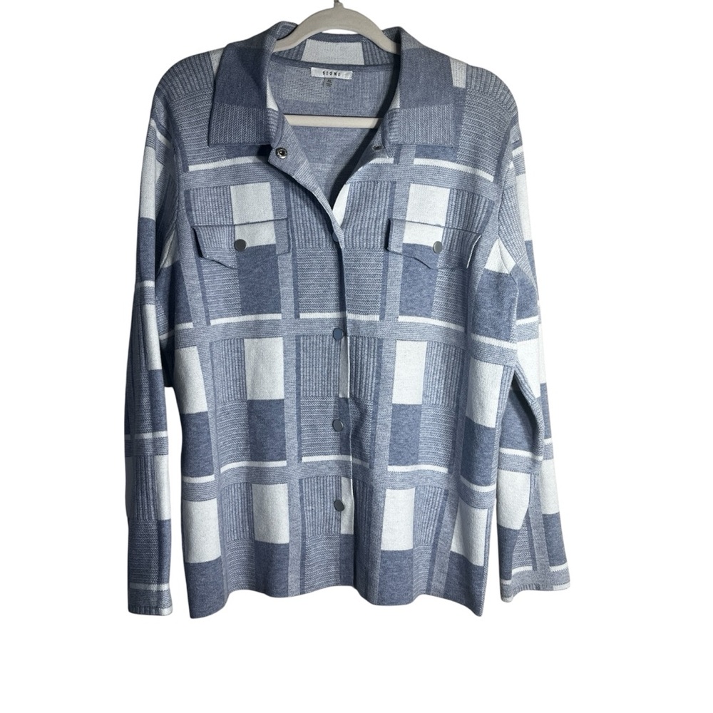 Sioni Blue and White Plaid Knit Color-block Snap Front Cardigan Shacket SZ XL
